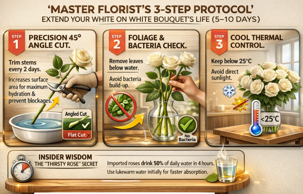 Infographic showing White On White Master Florist's 3-step protocol to extend the lifespan of a rose bouquet in Malaysia.