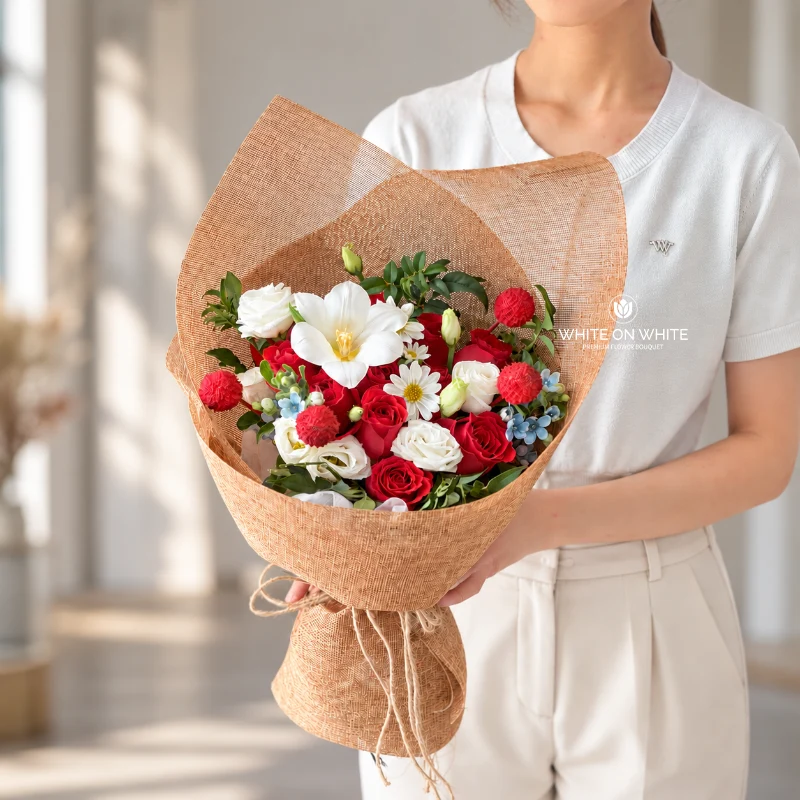 Red Roses, White Tulips & Guni Wrapping