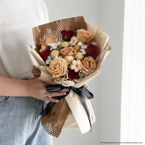 V11 Sweet Indulgence Bouquet Sweet Indulgence Ferrero Rocher and Soap Rose Bouquet with Cappuccino Roses