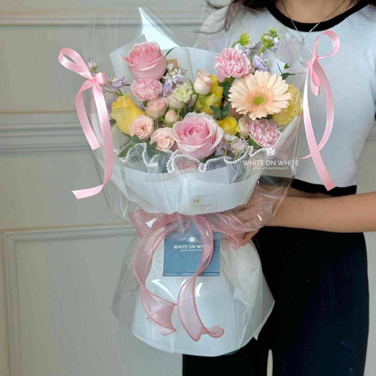 Pink rose, pink carnation, pink ribbon bouquet, pinktober flower, pink flower