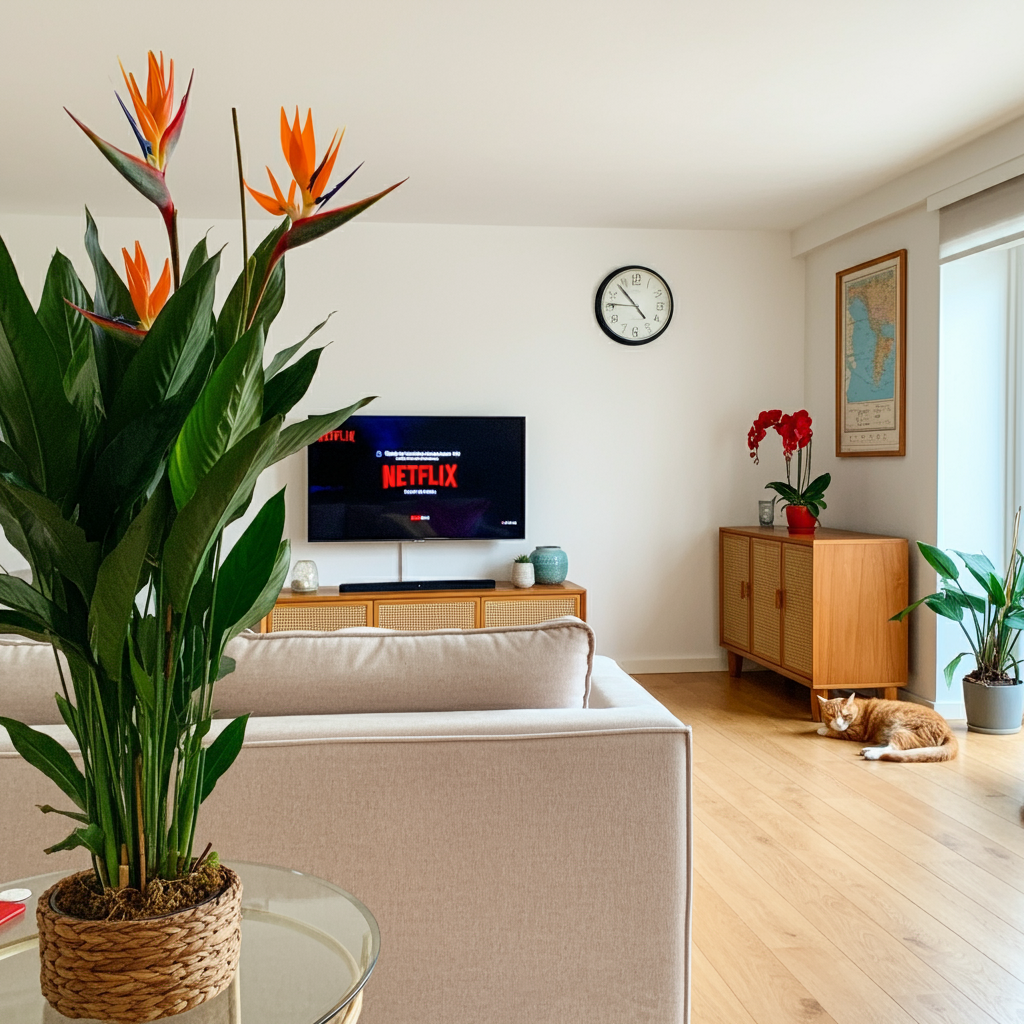 heliconia and red orchid in a nordic living room, hiasan bunga dalam rumah, pokok hiasan dalam rumah