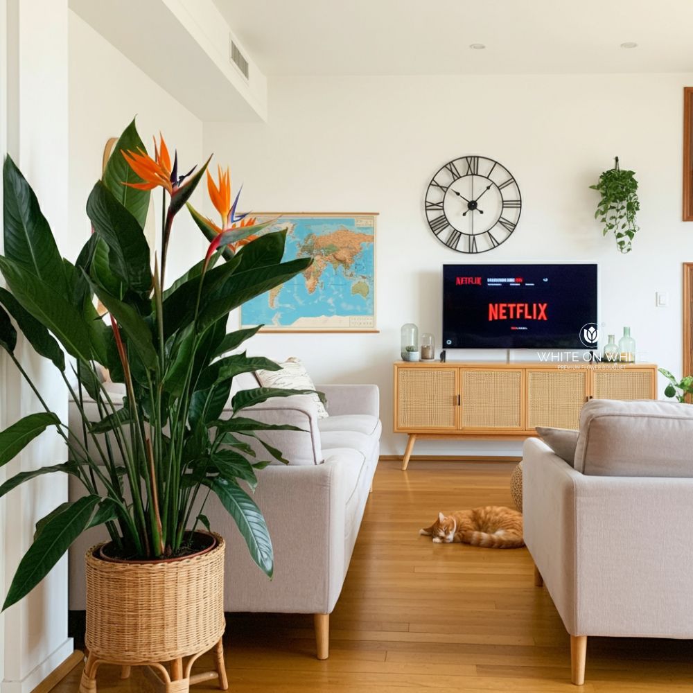 heliconia or pokok sepit udang in a living room with orange cat is sleeping