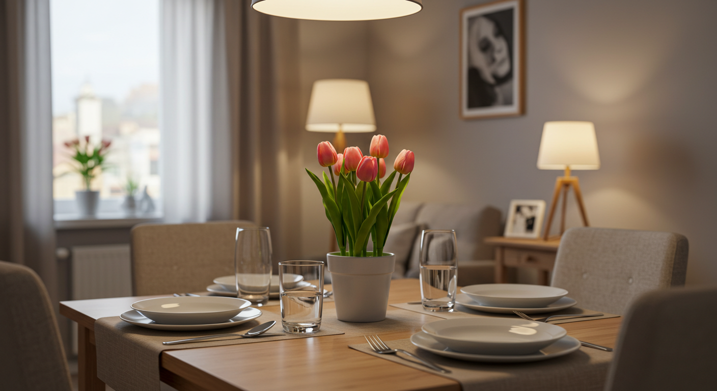 Tulips in pot on the dining table in dining room, bunga hiasan dalam rumah
