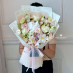 pink hydrangea with white phalaenopsis with white rose with white tulip bouquet, luxury flower bouquet, premium flower bouquet