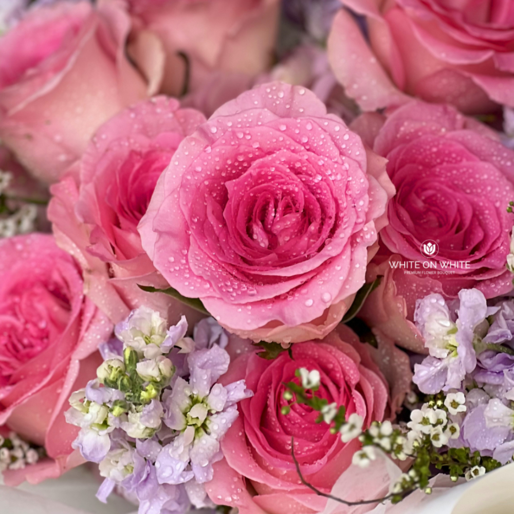 Love Roselle Bouquet, Purple Matthiola with Pink Roselle Roses Bouquet