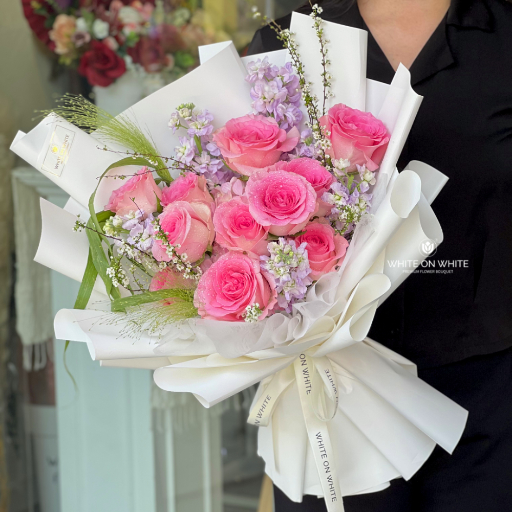 Love Roselle Bouquet, Purple Matthiola with Pink Roselle Roses Bouquet
