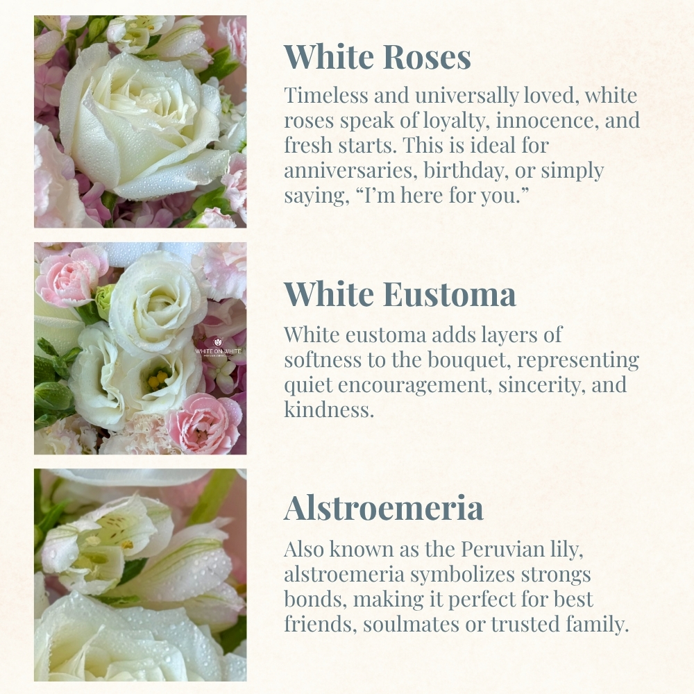 White roses meaning, white eustoma meaning, alstroemeria meaning