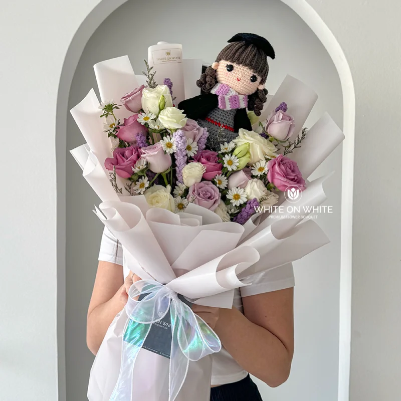 Purple rose with white eustoma bouquet with graduation knitted girl doll, Florist Pekan Pahang