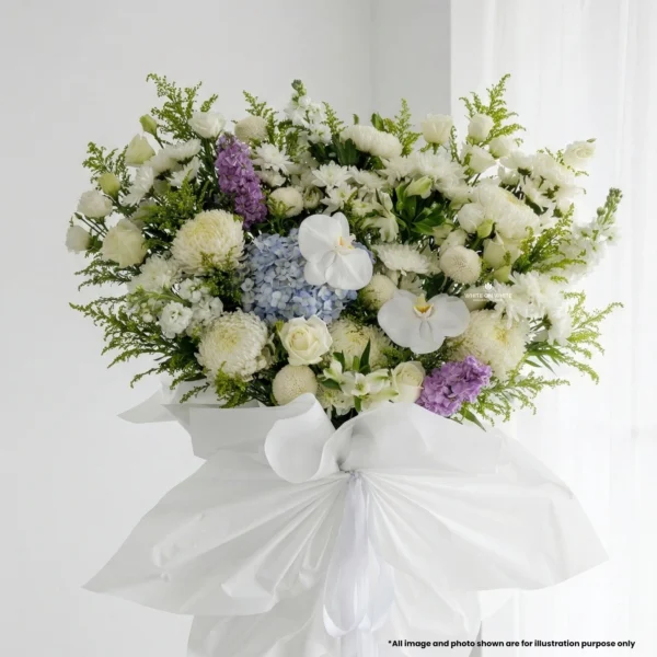 Majestic Peace Purple Matthiola and Blue Hydrangea Condolence Stand