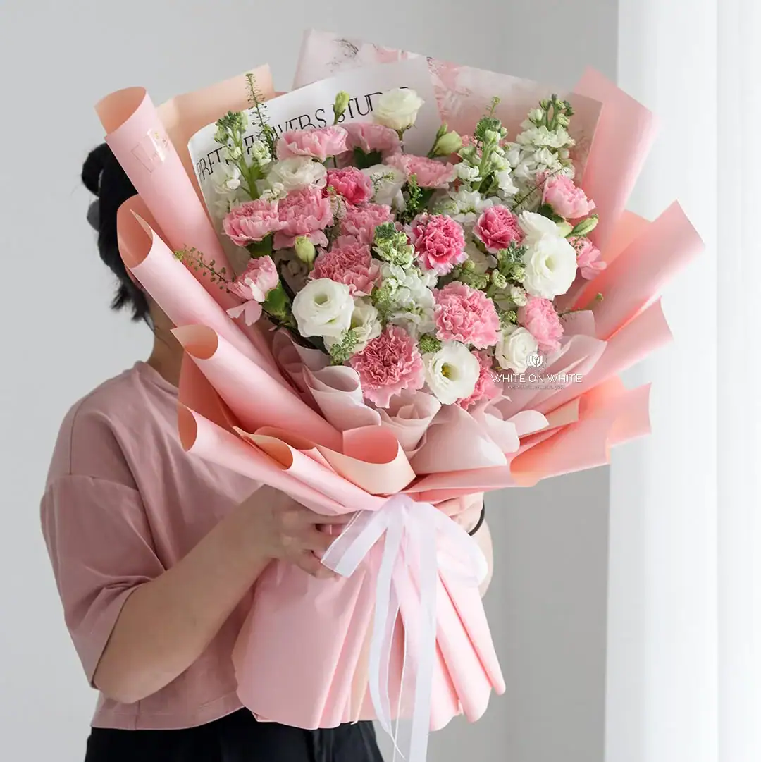 Blushing Grace Pink Carnation Bouquet with White Eustoma and Matthiola, premium flower bouquet, flower bouquet for birthday, bouquet for her, Same day flower delivery