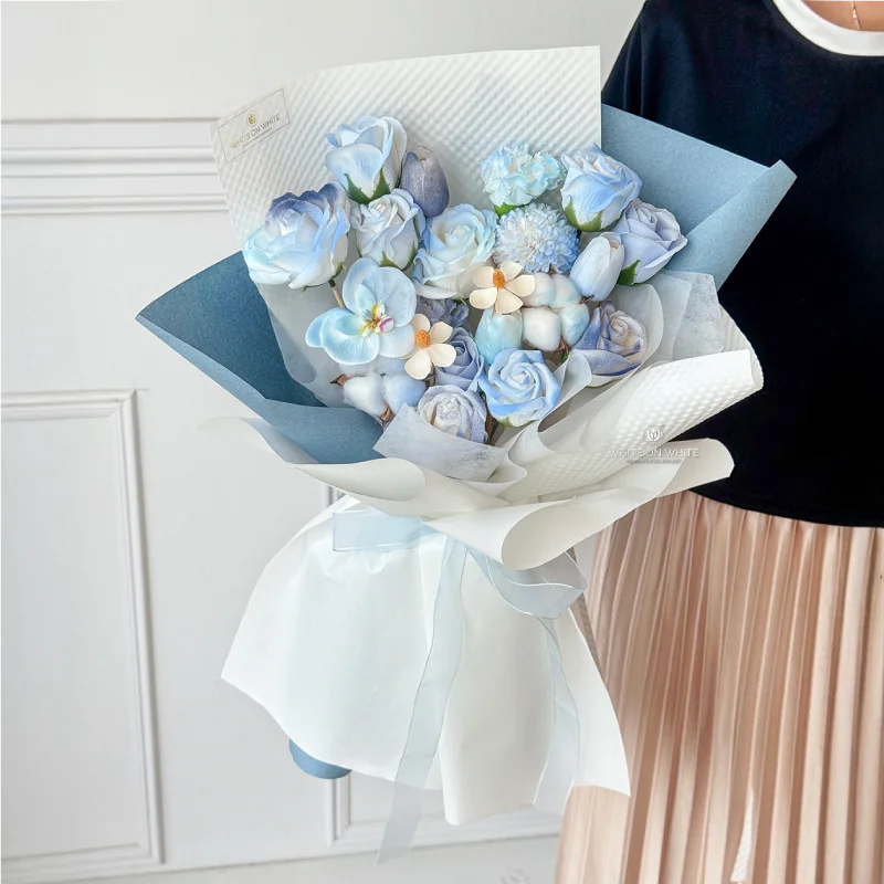 Misty Blue Bouquet Blue Soap Flower Bouquet with Cotton Flowers