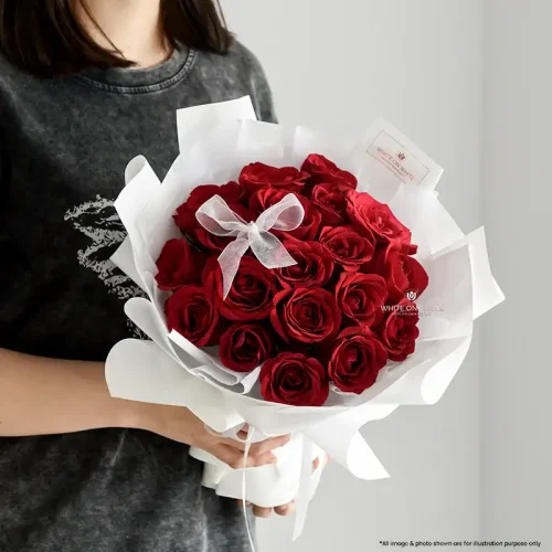 Pure Passion Classic Red Rose Bouquet with White Ribbon Bow, birthday flower bouquets, birthday flowers for birthday girl in red roses, skudai florist