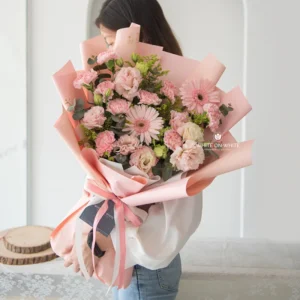 Carnation Mix Bouquet, florist singapore, white on white florist, flower shop singapore, pink carnation with pink gerbera daisy, anniversary flowers