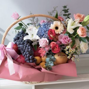 Fruitlicious Basket for Retirement & Get Well Soon Occasion, Flowers and Fruit Basket Delivery, fruit and flower basket, floral fruit basket