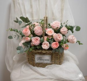 Pinkish Floral Basket for birthday, grand opening and retirement, flowers and fruit basket delivery