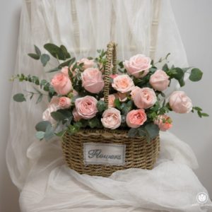 Pinkish Floral Basket for birthday, grand opening and retirement, flowers and fruit basket delivery