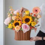 Blissful Sunshine Basket for grand opening, Retirement flower arrangements for retirees, floral box and basket