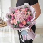 Aurora Mixed Bouquet, pink hydrangea with pink roses and pink carnations