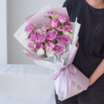 Just Love Bouquet, 5 stalks of Purple Carnation, 10 stalks of Purple Rose, White Eustoma