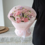 Sweet Girl Bouquet, 8 stalks of Pink Rose, 5 stalks of Ocean Song, 3 stalks of Pink Carnation, 1-2 stalks of Chamomile, and Eucalyptus Leaves