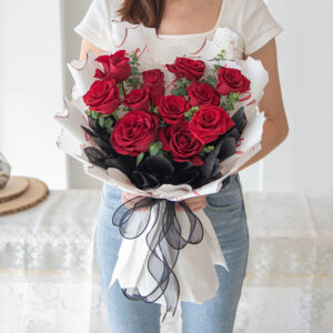 Velvet Rose Bouquet, 11 stalks of Red Rose and Eucalyptus Leaves
