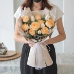 Amber Bloom Bouquet, florist singapore, flower bouquet, White On White florist, Champagne Rose, White Tulip, and Eucalyptus Leaves