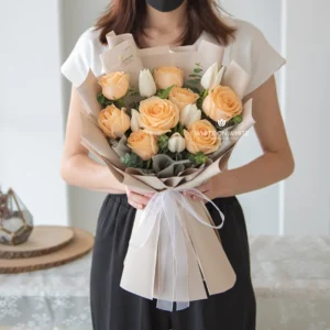 Amber Bloom Bouquet, florist singapore, flower bouquet, White On White florist, Champagne Rose, White Tulip, and Eucalyptus Leaves