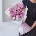 Just Love Bouquet, 5 stalks of Purple Carnation, 10 stalks of Purple Rose, White Eustoma