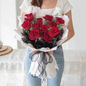 Velvet rose bouquet, white on white florist, florist singapore, fresh flower bouquet, red rose bouquet