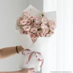 Soft pink roses luxury bouquet with white wrapping and satin ribbon.