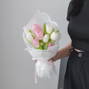 Sweetheart Tulip Bouquet featuring fresh pink and white tulips wrapped in white lace, available for same day delivery Singapore