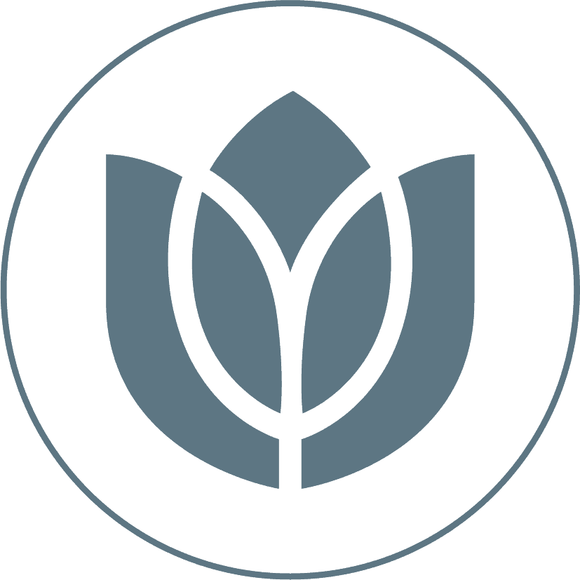 Minimalist flower logo with a black outline and blue fill inside a circle.