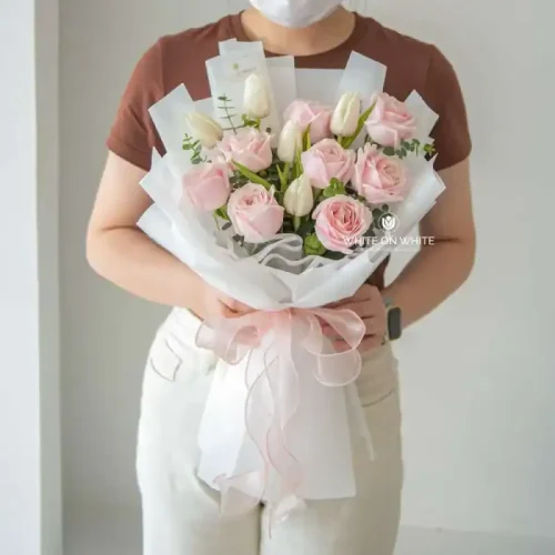Elegant pink and white roses bouquet, perfect for special occasions, with same-day Singapore delivery.